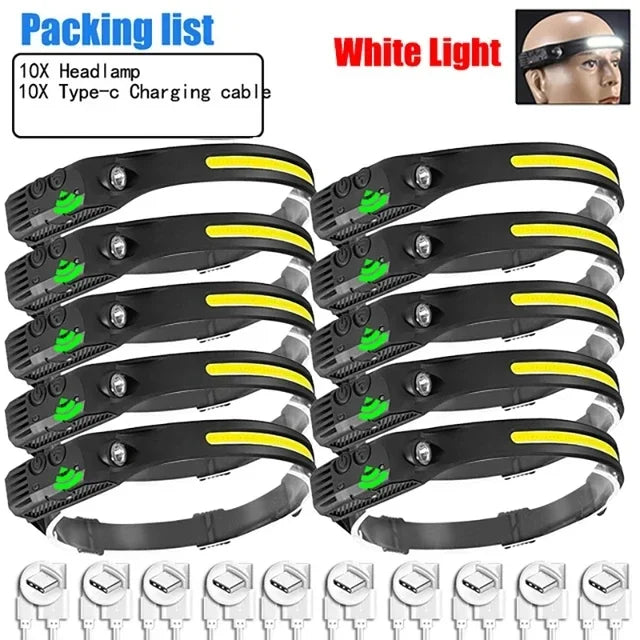 lampe frontale rechargeable led ipx4 camping pêche ceinture ajustable sensor switch noir jaune