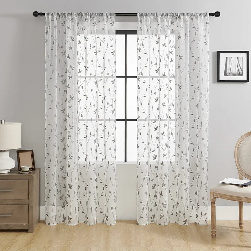 rideau transparent brodé feuilles protection uv polyester moderne blanc noir jaune vert turquoise floral