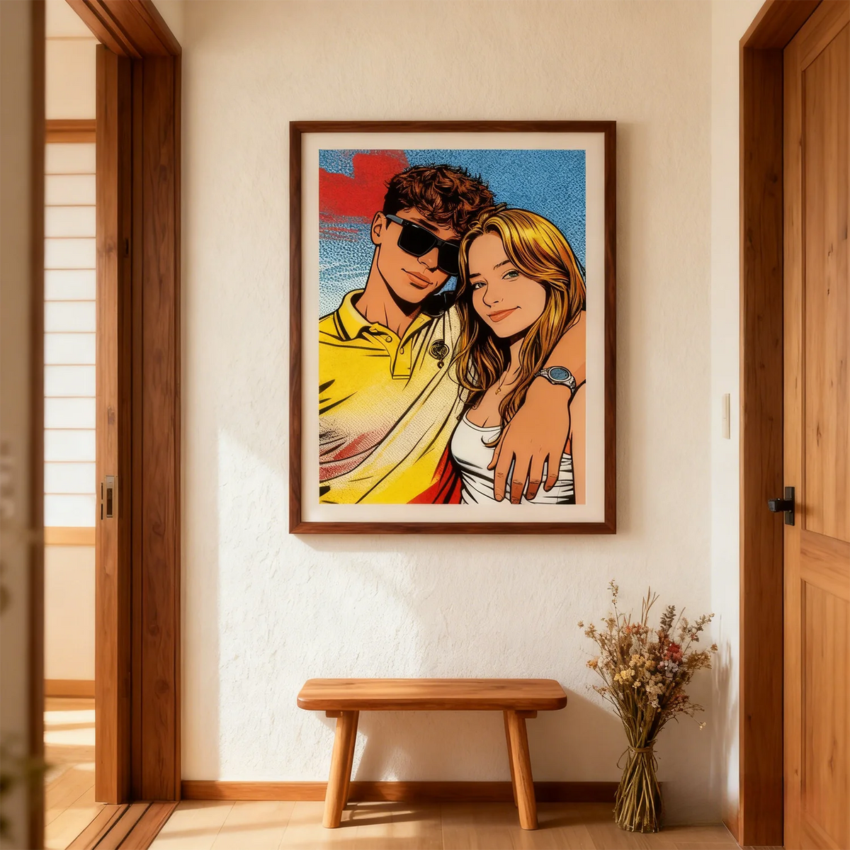 affiche murale personnalisée pop art couple famille animaux compagnie décoration intérieure cadeau original jaune