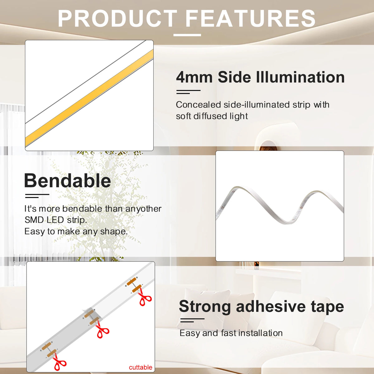 ruban led blanc lisse moderne adhésif 480 leds 6000k 4000k 3000k 12v 24v ultrafin