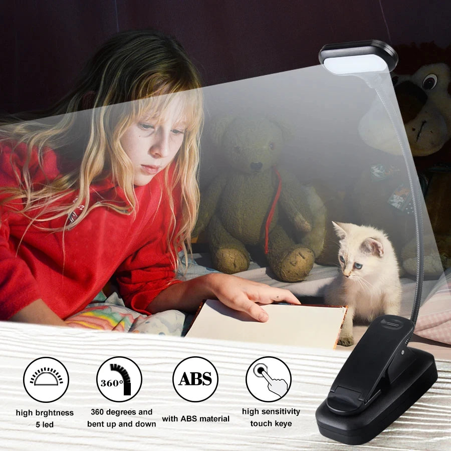 lampe lecture pince noire flexible batterie led portable moderne interrupteur chambre étude