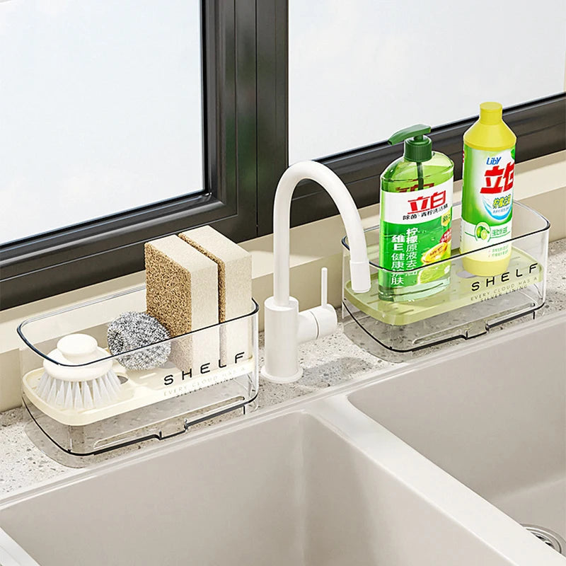 étagère cuisine transparente moderne clips brosse gant nettoyage rangement multifonctionnels