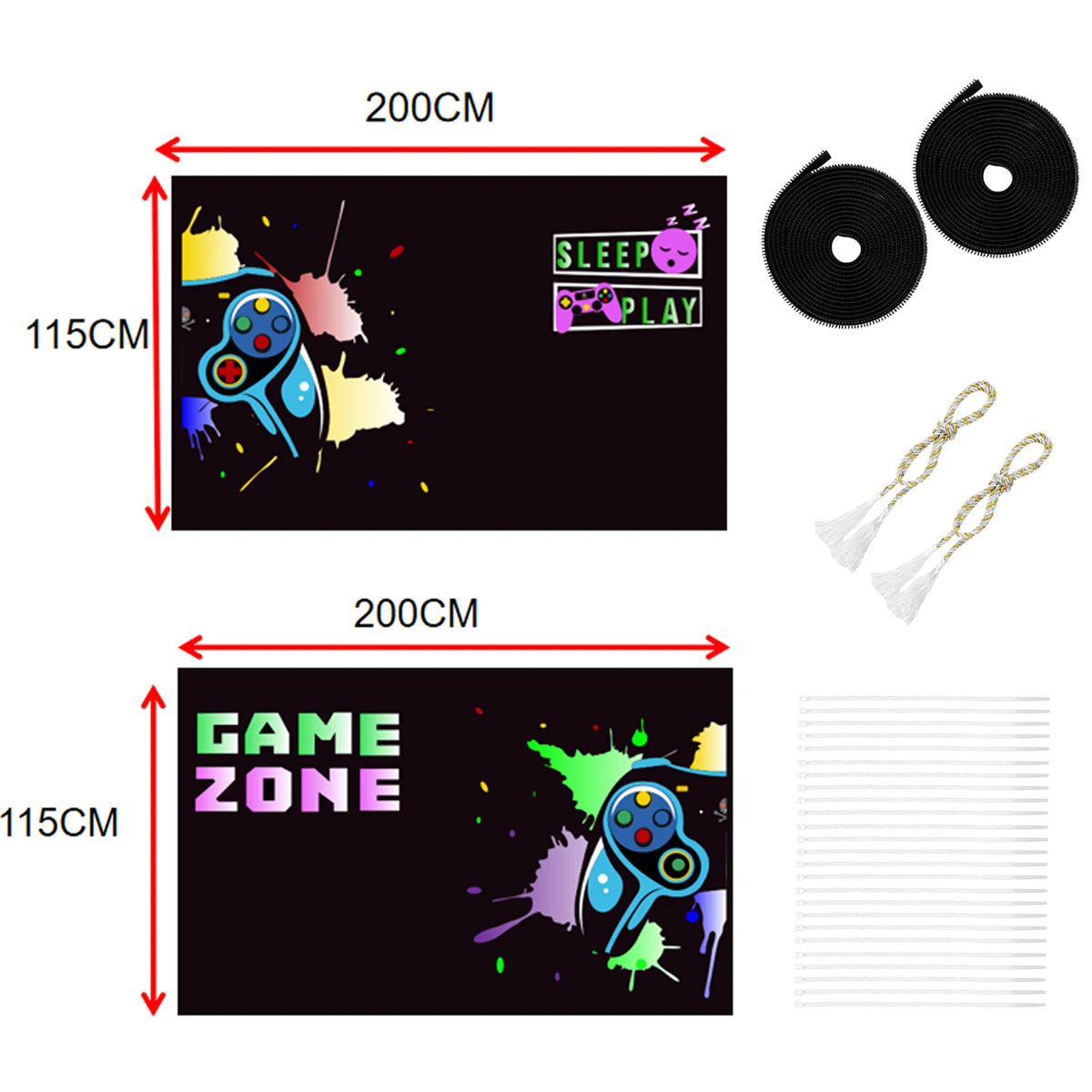 rideau moderne manette jeu noir bleu vert jaune rose violet pliés 200x115cm