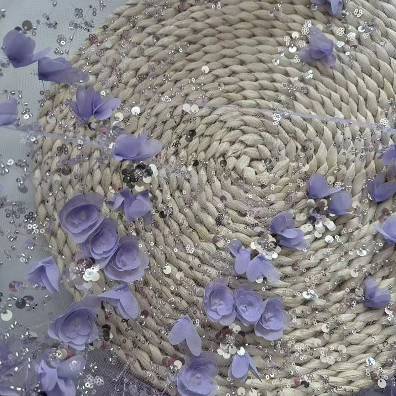 tissu décoratif violet rose blanc fleurs relief paillettes translucide printemps été élégant polyester 125x180cm