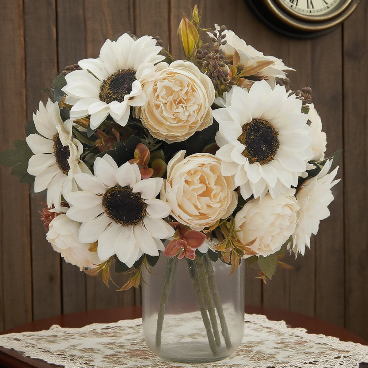 bouquet fleurs artificielles pivoine orange rouge beige vert blanc decoration mariage intérieur classique