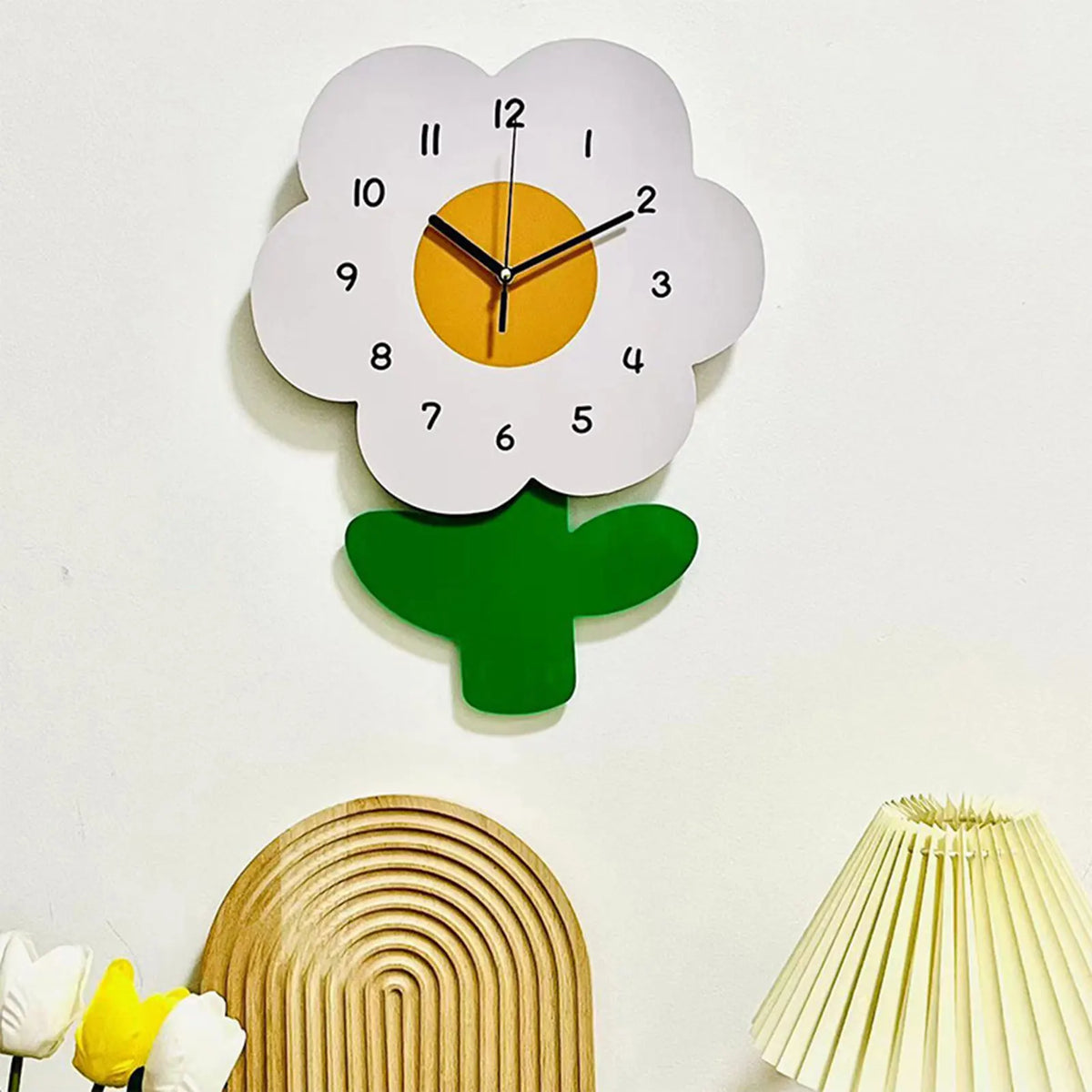 horloge murale moderne fleurs poissons aiguille quartz blanc orange vert bleu salon