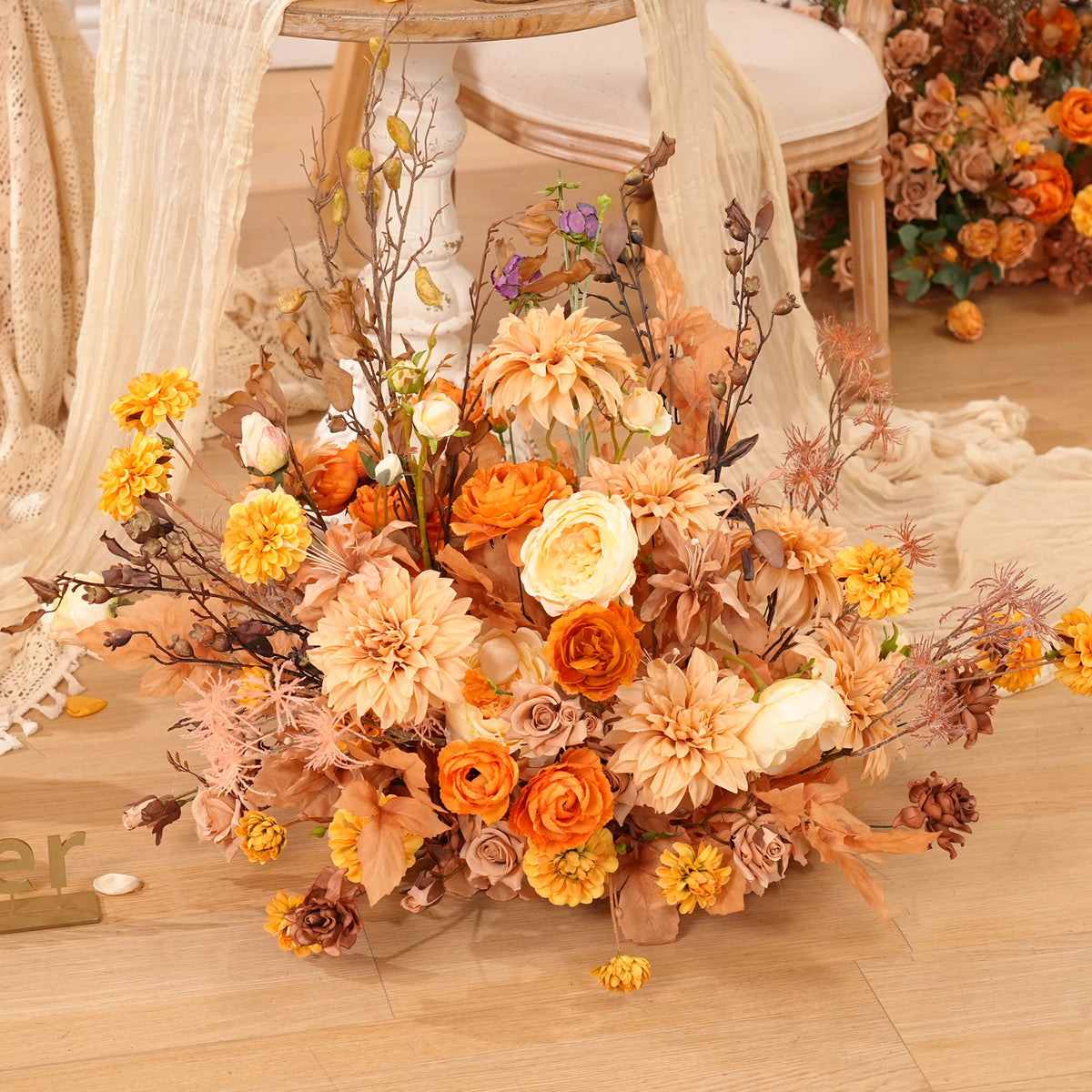 décoration boho chic bouquet fleurs artificielles mixtes orange rose marronextérieur anniversaire mariage