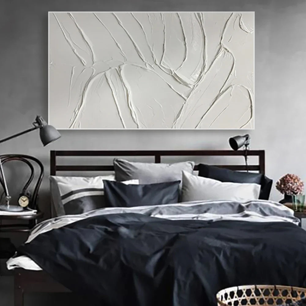 tableau moderne abstrait lignes ondulées blanc gris clair décoration intérieure sans cadre contemporain horizontal