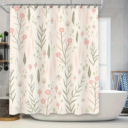 rideau douche fleurs stylisées polyester moderne beige rose vert anneaux fixation 180cm 180cm