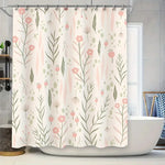 rideau douche fleurs stylisées polyester moderne beige rose vert anneaux fixation 180cm 180cm