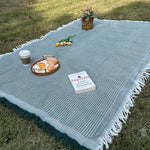 tapis plage rose blanc boho chic rayures diagonales franges pique nique extérieur portable