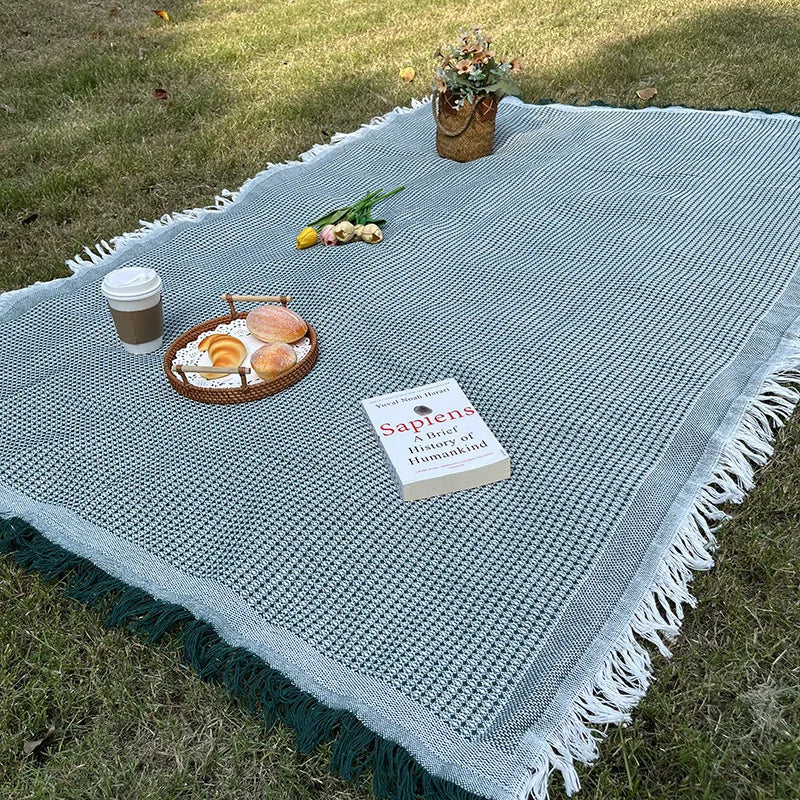 tapis plage rose blanc boho chic rayures diagonales franges pique nique extérieur portable