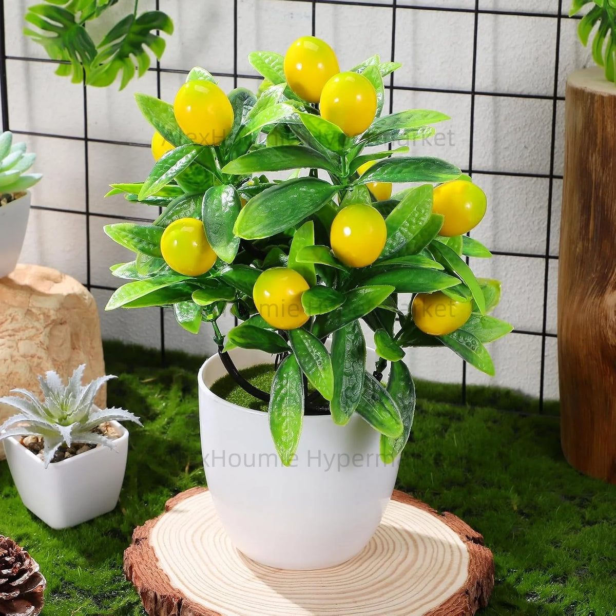 plante artificielle bonsaï feuilles vertes fruits jaunes pot blanc antiderapante exterieur intérieur exposition