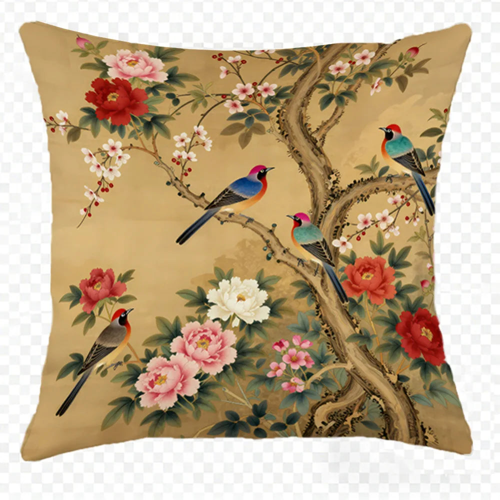 taies d'oreiller imprimées fleurs oiseaux vintage polyester beige zipper 45x45cm décoration maison hospitalière