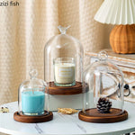 cloche verre transparent base bois bougie parfumée pinçon décoratives