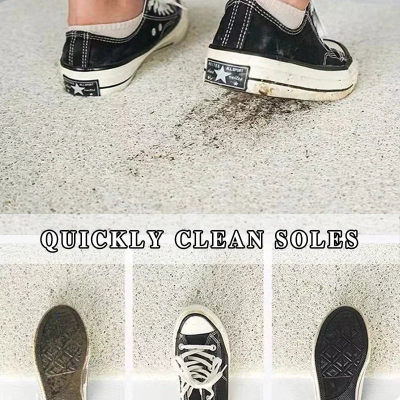 Des chaussures de sport noires et blanches avec un texte indiquant qu'elles peuvent être rapidement nettoyées.