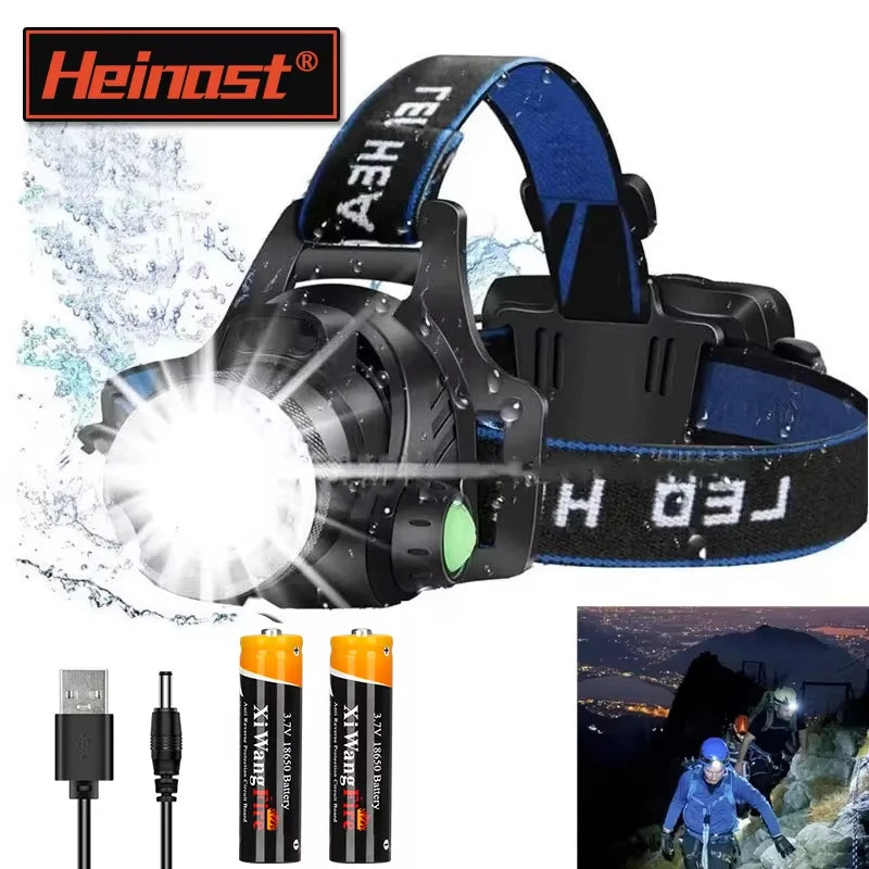 lampe frontale led noir bleu rayures diagonales modes ip64 waterproof adjustable