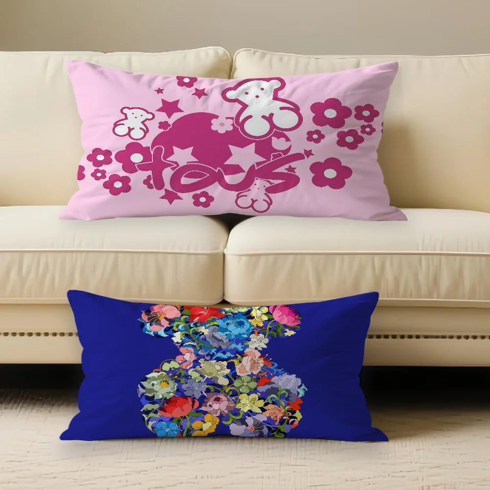 taies d'oreiller décoratives moderne motif ours fleurs imprimées non toxiques respectueuses environnement rose bleu