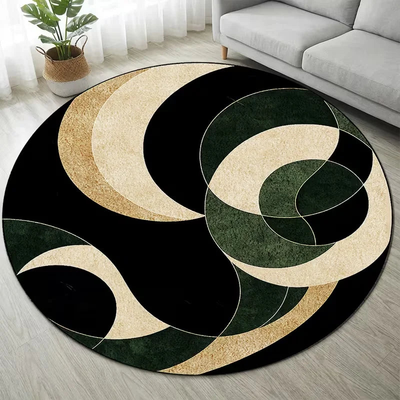 tapis rond moderne abstrait vert noir polypropylène polyester 80x80cm 120x120cm salon chambre decoration