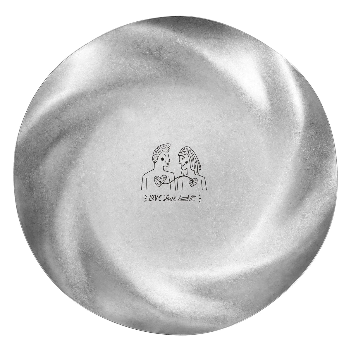 assiette ronde acier inoxydable argent antique texture métallique moderne logo gravé second cup
