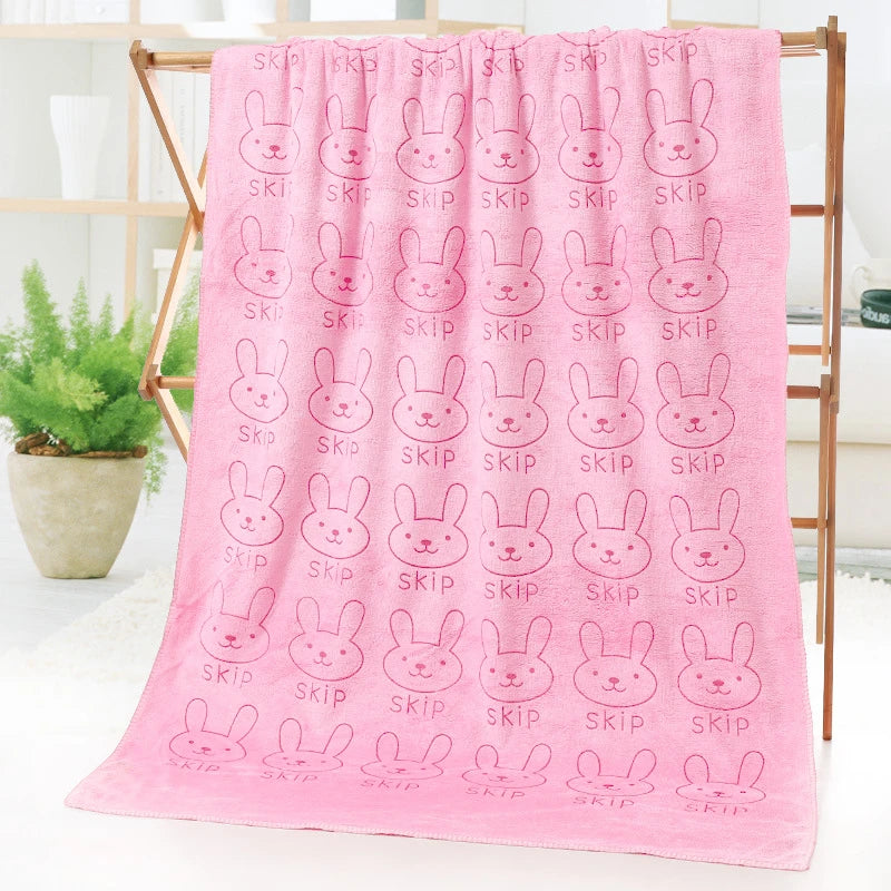 serviette bain polyester rapide motif lapins mignons couleurs violet rose vert bleu doux moderne