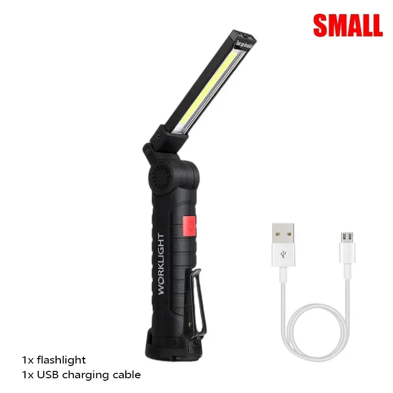 lampe travail rechargeable usb aimant noir lumiere led forte réglages luminosité camping auto défense