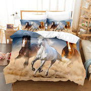 housse couette chevaux 3D galop herbe blanc marron brun bleu moderne chambre équestre taies