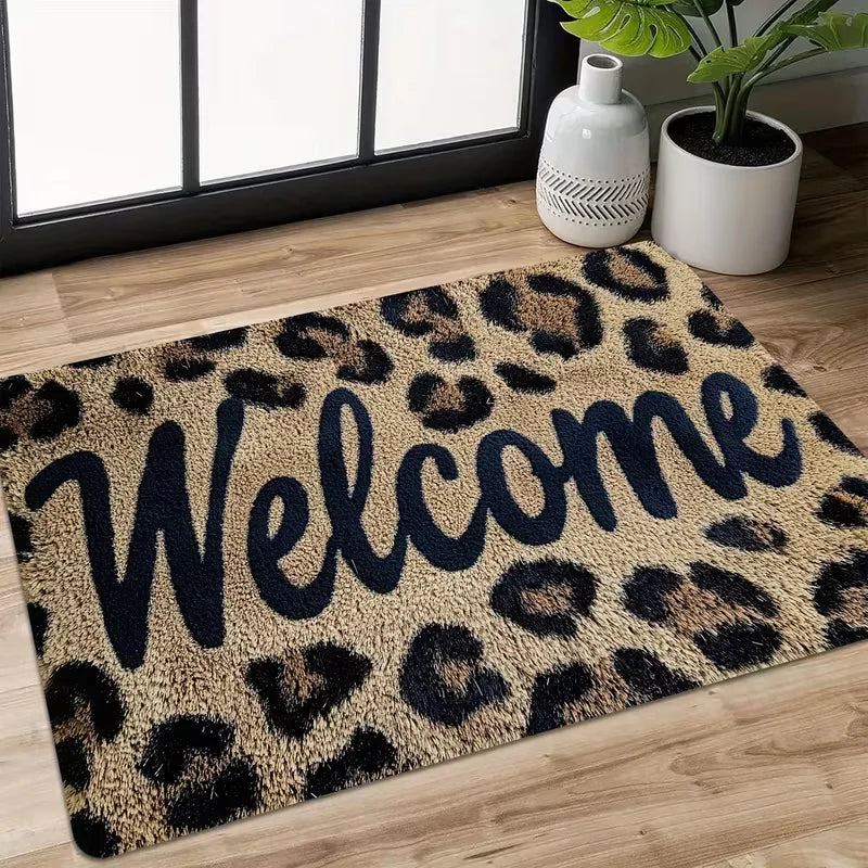 tapis d'entrée léopard anti bactéries antidérapant moderne bienvenue noir rose
