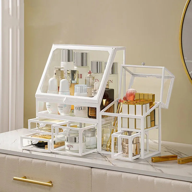 boîte rangement cosmétique transparente blanc brosse maquillage pot crème flacon parfum moderne minimaliste