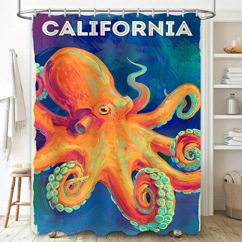 Détail du motif poulpe californien sur le rideau de douche