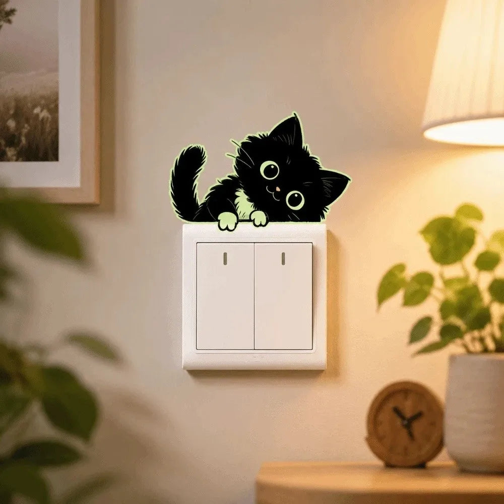 sticker mural chaton noir yeux lumineux cartoon adhésif pvc chambre noire décoration mur opaque