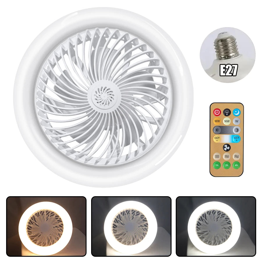 ventilateur lampe led e27 moderne télécommande blanc grille trois vitesses timer
