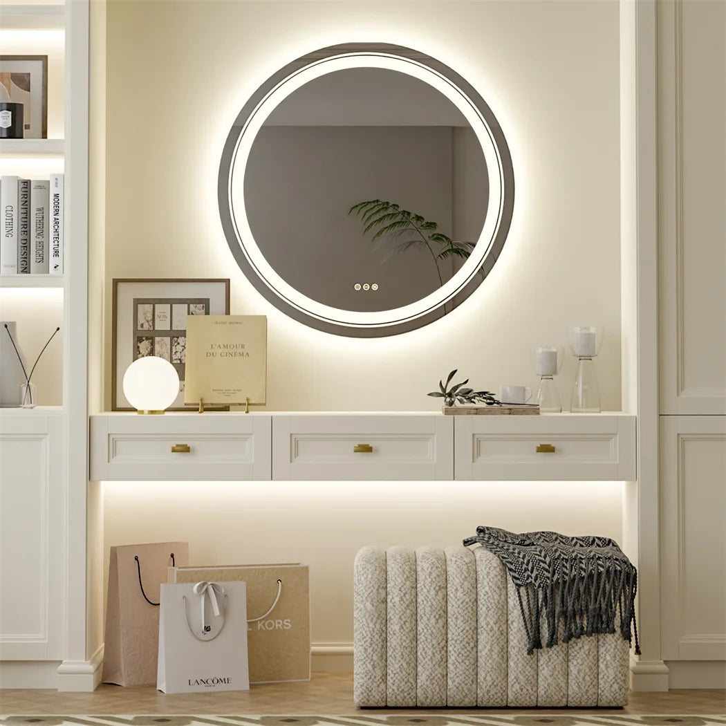 miroir rond lumineux argenté moderne éclairé antibuée écran tactile led dimmable