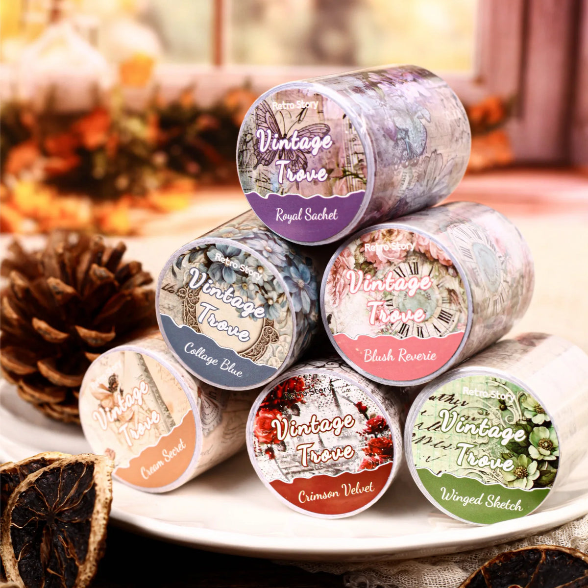 ruban décoratif vintage multicolore fleurs papillons lettres illustré 50mm longueur 2mètres