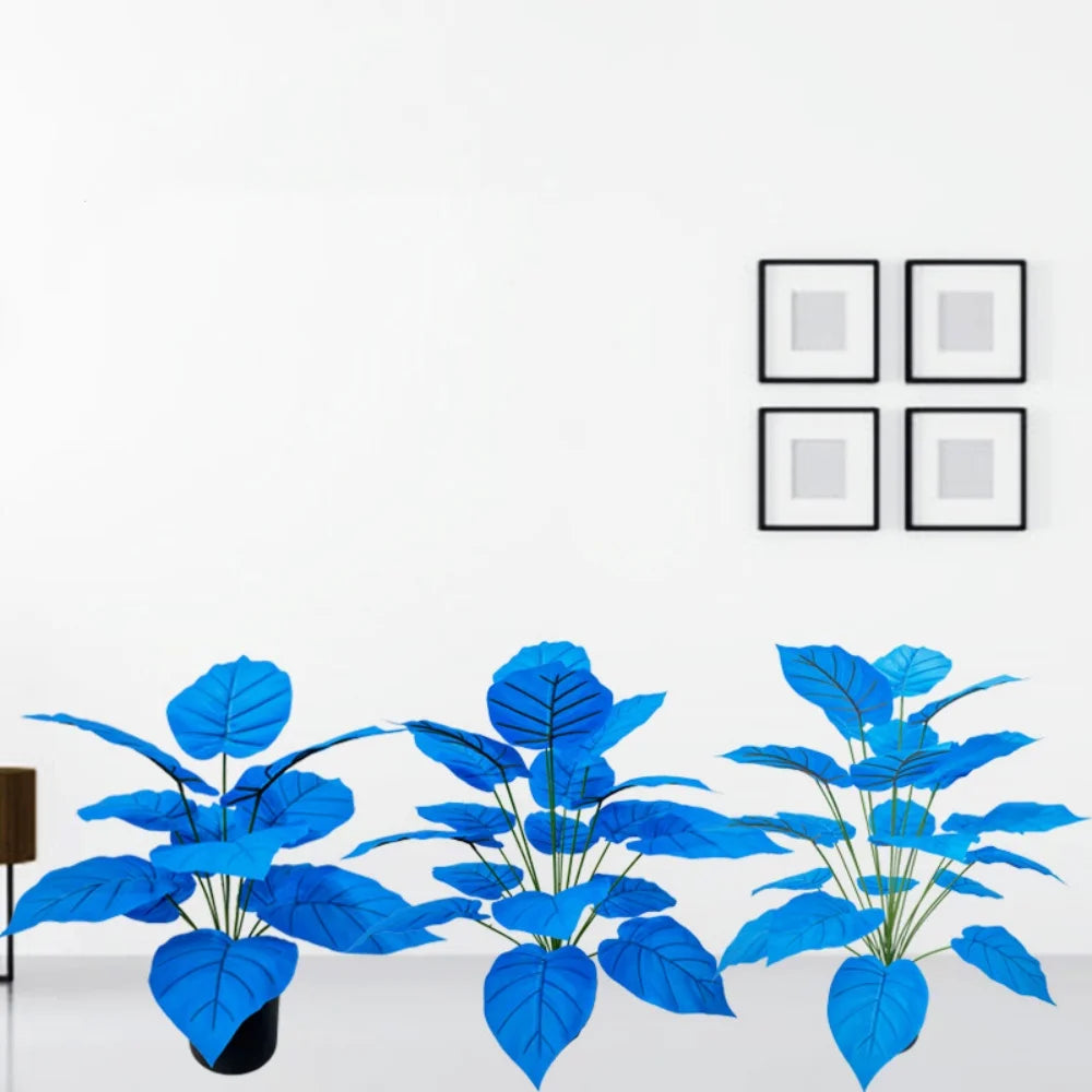 plantes artificielles faux bonsaï blanc bleu moderne intérieur extérieur exposé feuilles larges veinées pot