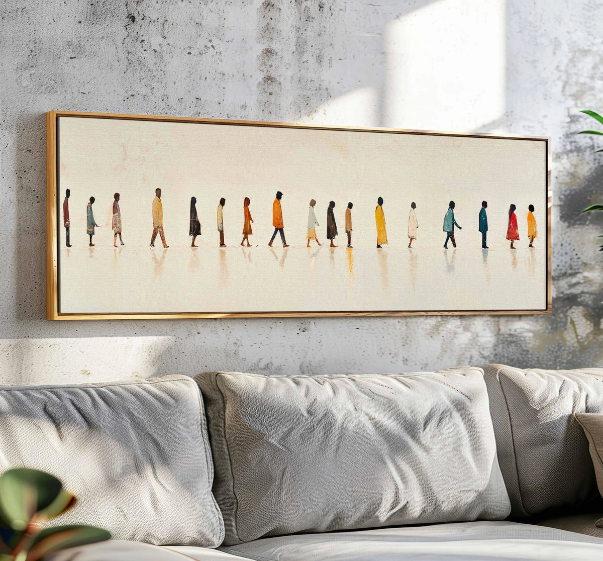 toile peinte contemporaine personnages marchant blanc gris multicolore vertical decoration mur wall art impression