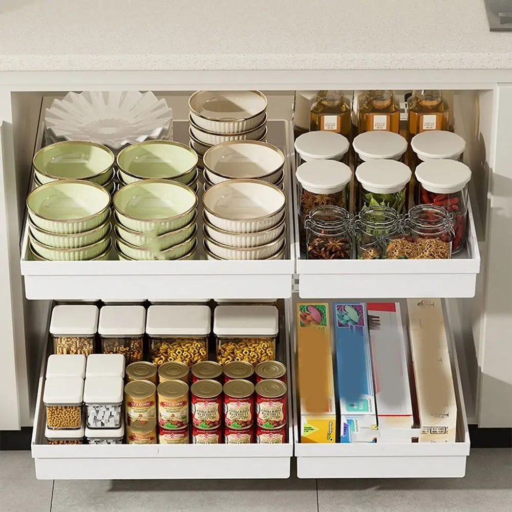 tiroir rangement cuisine blanc moderne mat vis fixés conteneurs divers ustensiles épices organisateur minimaliste