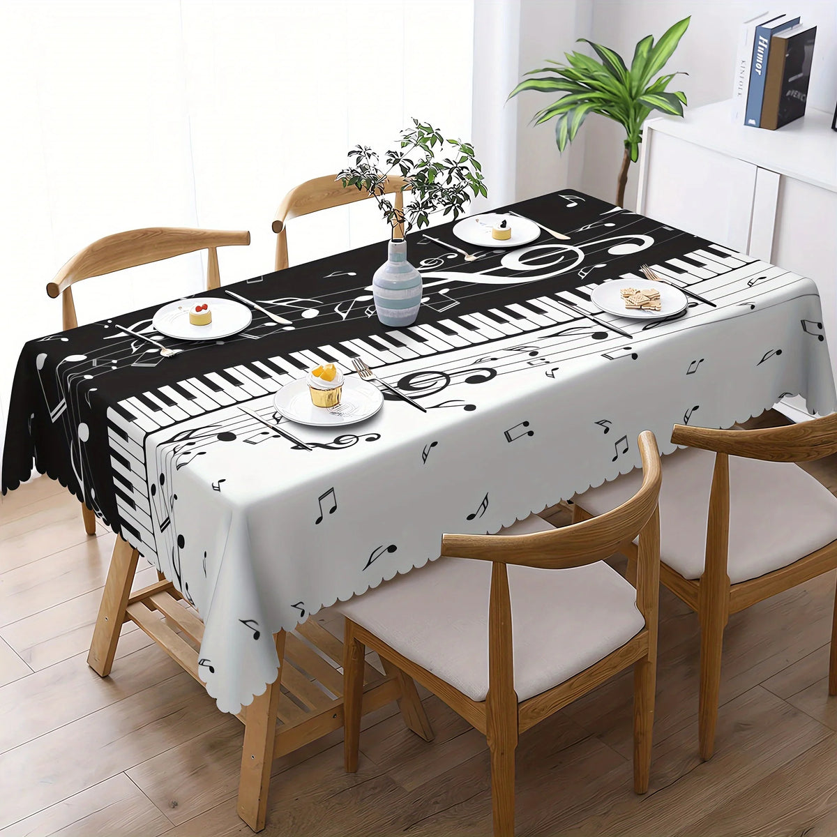 nappe table rectangulaire imperméable piano notes musicales moderne assiettes verres couverts opaques réutilisable polyester