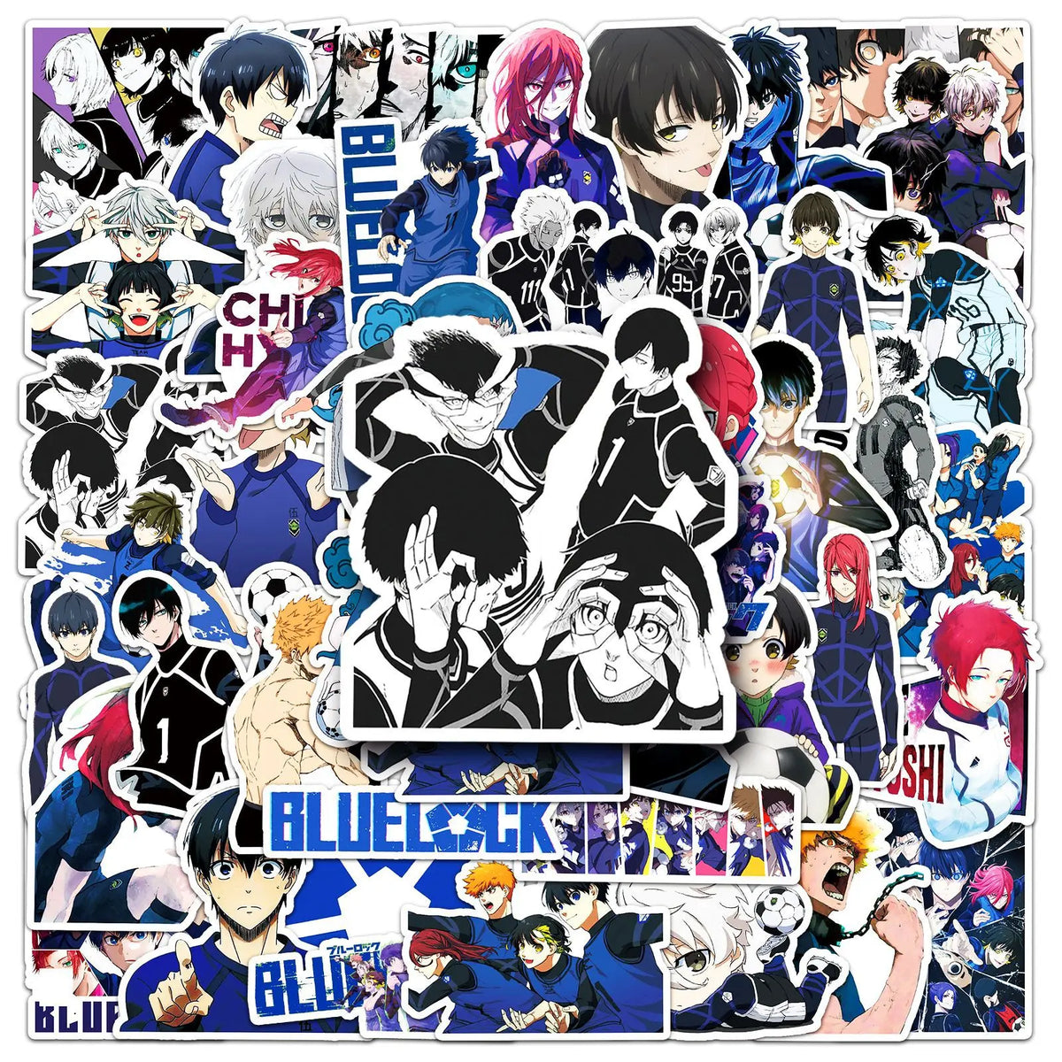sticker anime personnages textes bleu lock chigo goal shi team football noir blanc