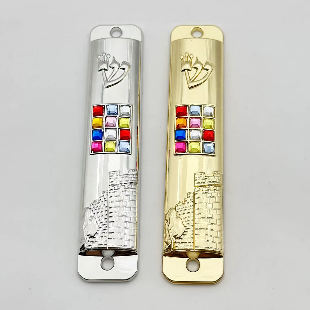 décoration maison mezuzah argenté doré relief architectural strass colorés traditionnel artisanal hanukkah