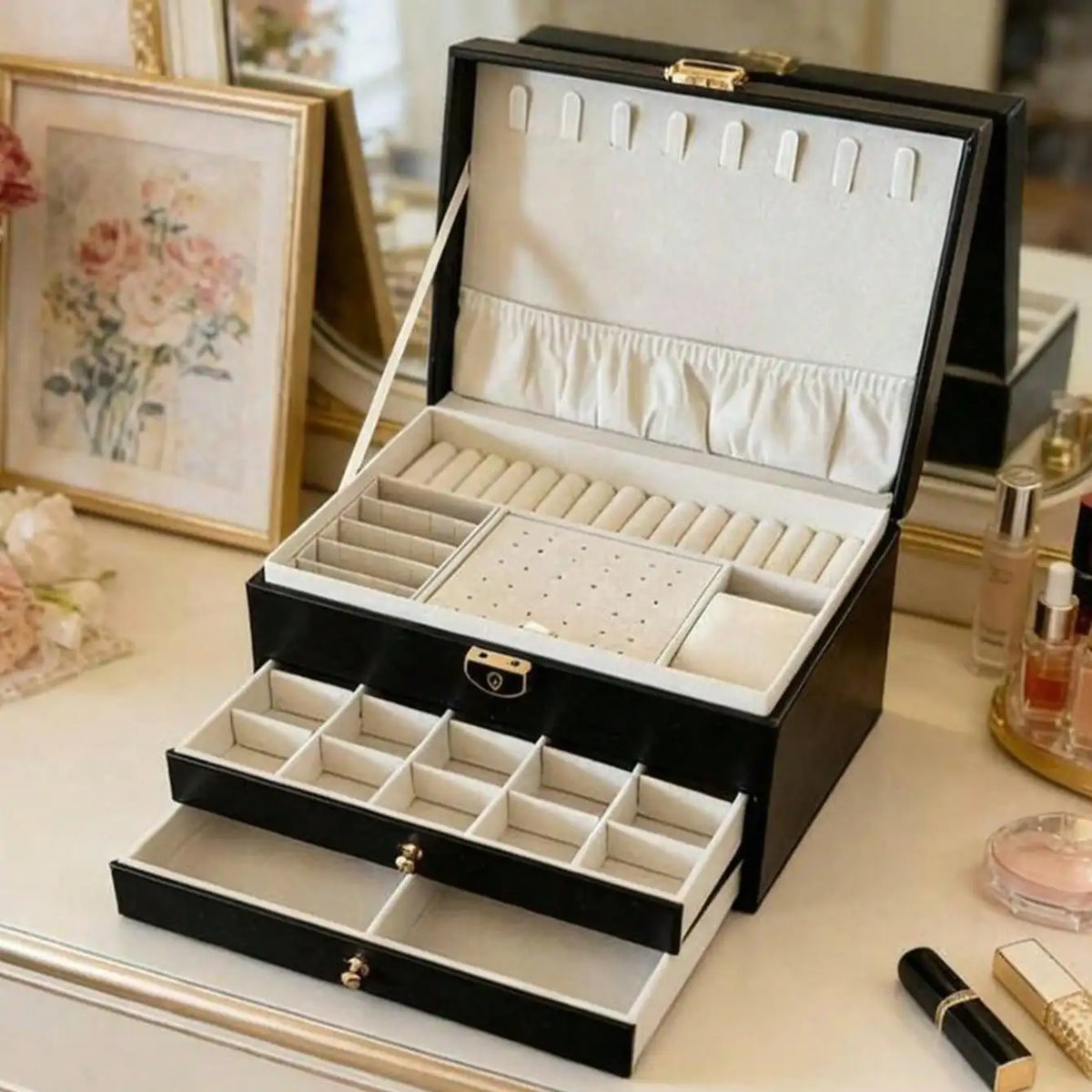 boîte bijoux cuir noir velours intérieur rangements classique poignées dorées bijoux organisation sécurité multifonctionnelle