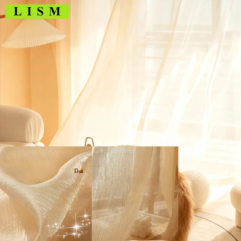 rideau beige clair semi transparent rayures fines brillant moderne élégant fenêtre salon maison
