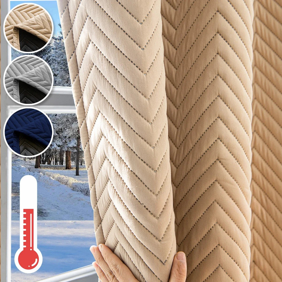 Voilage isolant thermique beige pour fenêtre, idéal pour l'hiver. Ce rideau épais protège contre le froid grâce à son design matelassé en chevrons. Disponible en plusieurs couleurs pour s'adapter à votre décoration intérieure et améliorer le confort thermique de votre maison. Accessoire indispensable pour une isolation efficace.