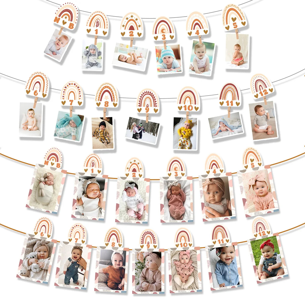cadre photo boho arc ciel coeurs chiffres beige rose blanc clips adhésifs mur decoration