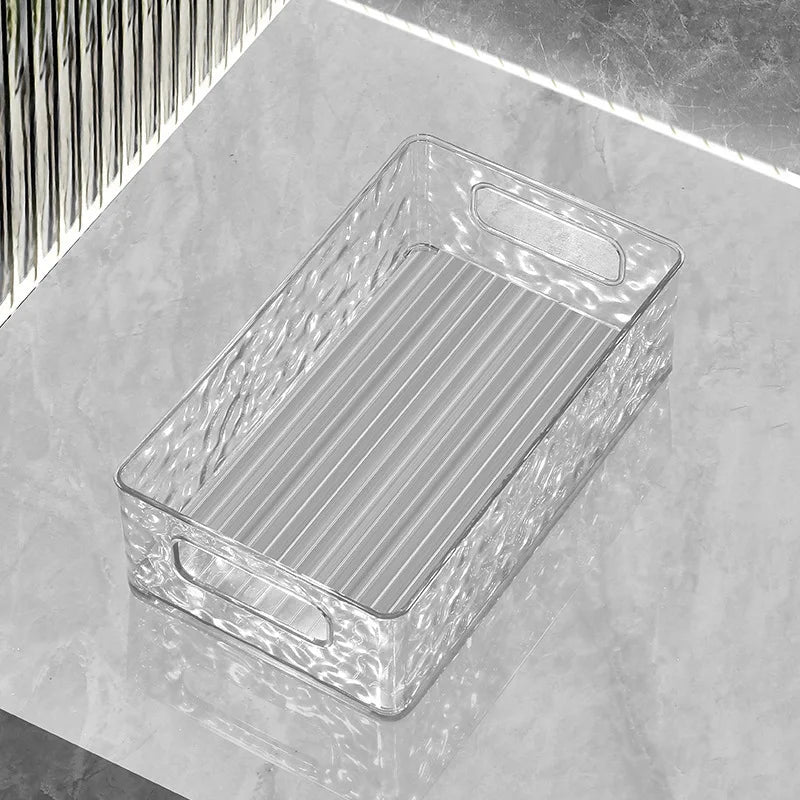 boîte rangement transparente texture ondulée poignées moderne cosmétiques salle bain rechargeable plastique