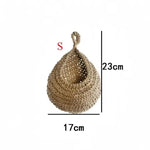 paniers suspendus tissu crocheté beiges rustiques respectueux environnement anneaux métalliques multifonctionnels rangement cuisine decoration