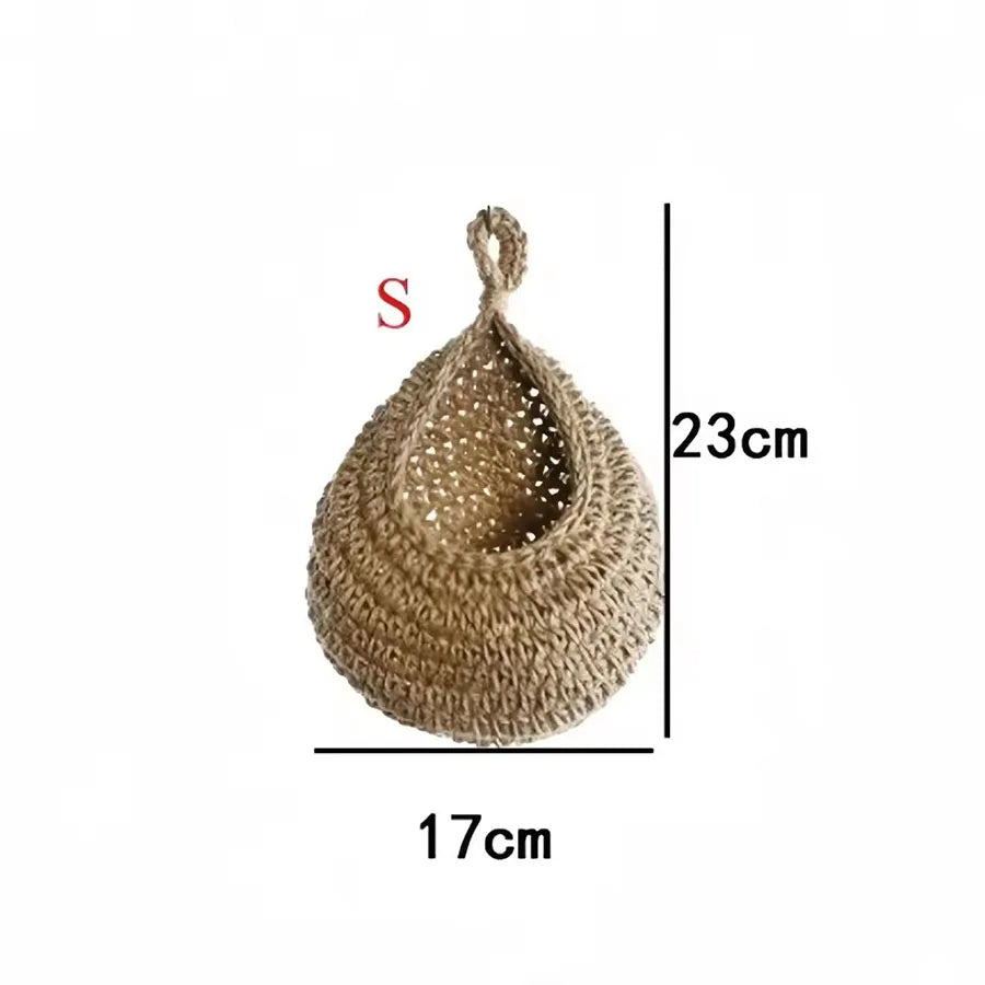 paniers suspendus tissu crocheté beiges rustiques respectueux environnement anneaux métalliques multifonctionnels rangement cuisine decoration