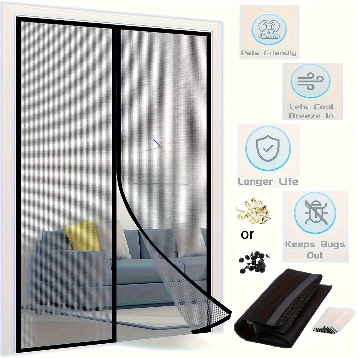 rideau moustiquaire magnétique porte noir gris clair maille fine clips ruban adhésif moderne anti