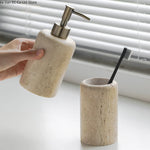 ensemble salle bain pierre naturelle moderne distributeur savon porte brosse dents plateau carré minimaliste