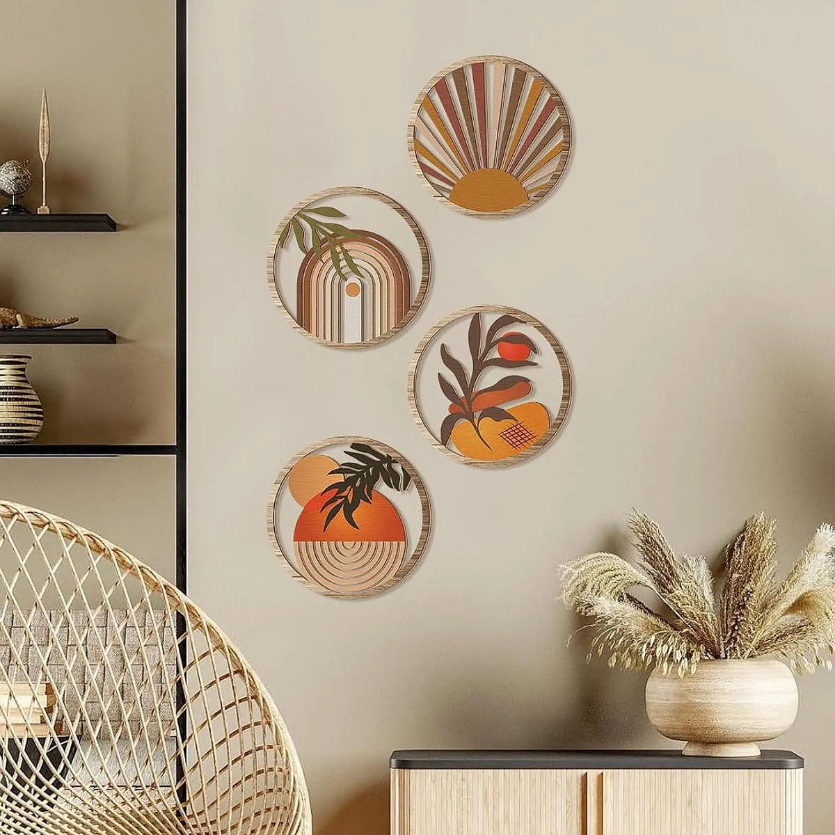 Cadres decoratifs bois abstraits geometriques moderne minimaliste marron beige orange vert chambre salon farmhouse